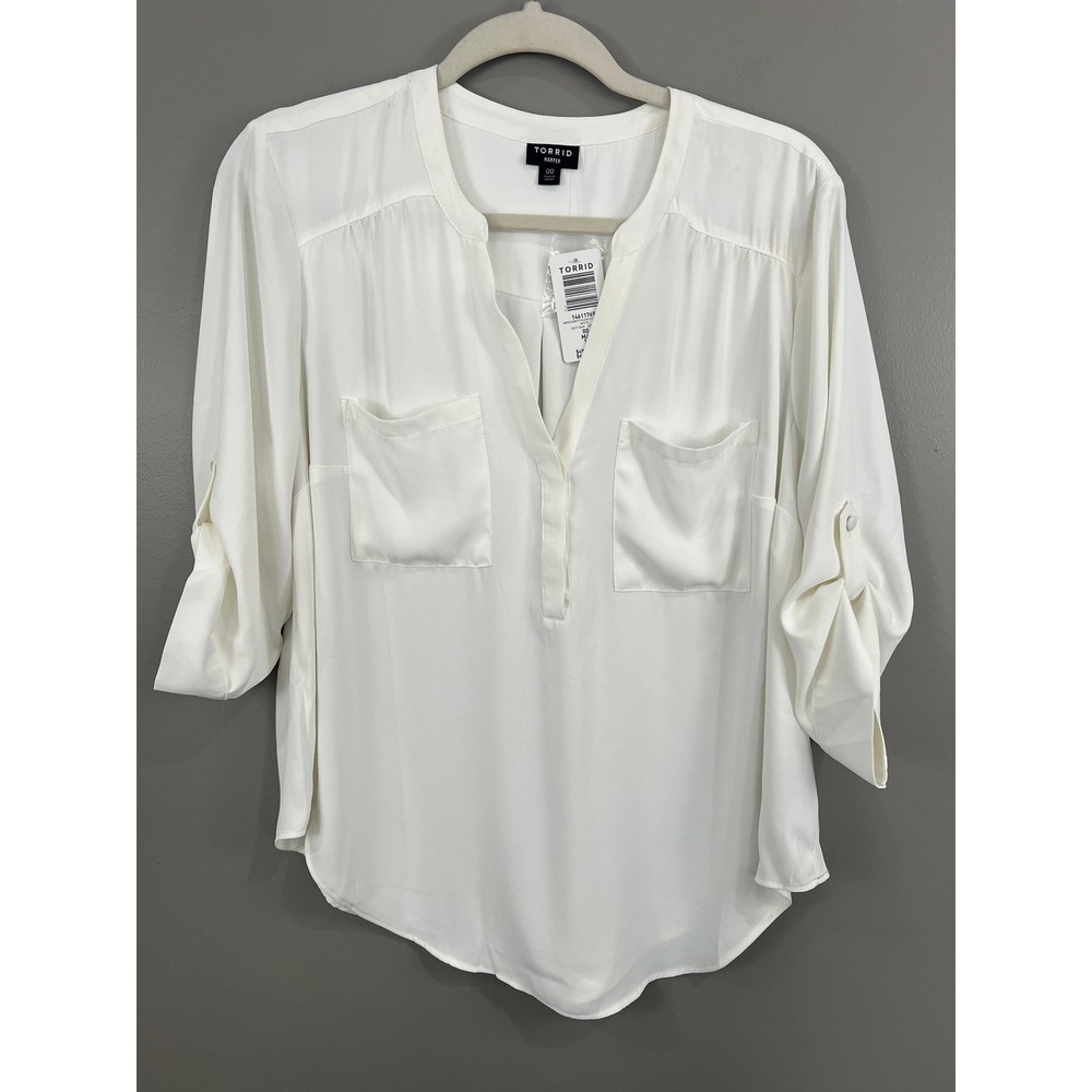 Torrid Harper Blouse Womens 00 White New Georgette 3/4 Roll Tab Sleeve 14611769